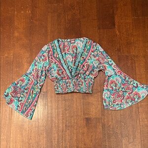 Boho Fashion Bell Sleeve Crop Blouse, 100% Silk in a Colorful Print, Size XS
